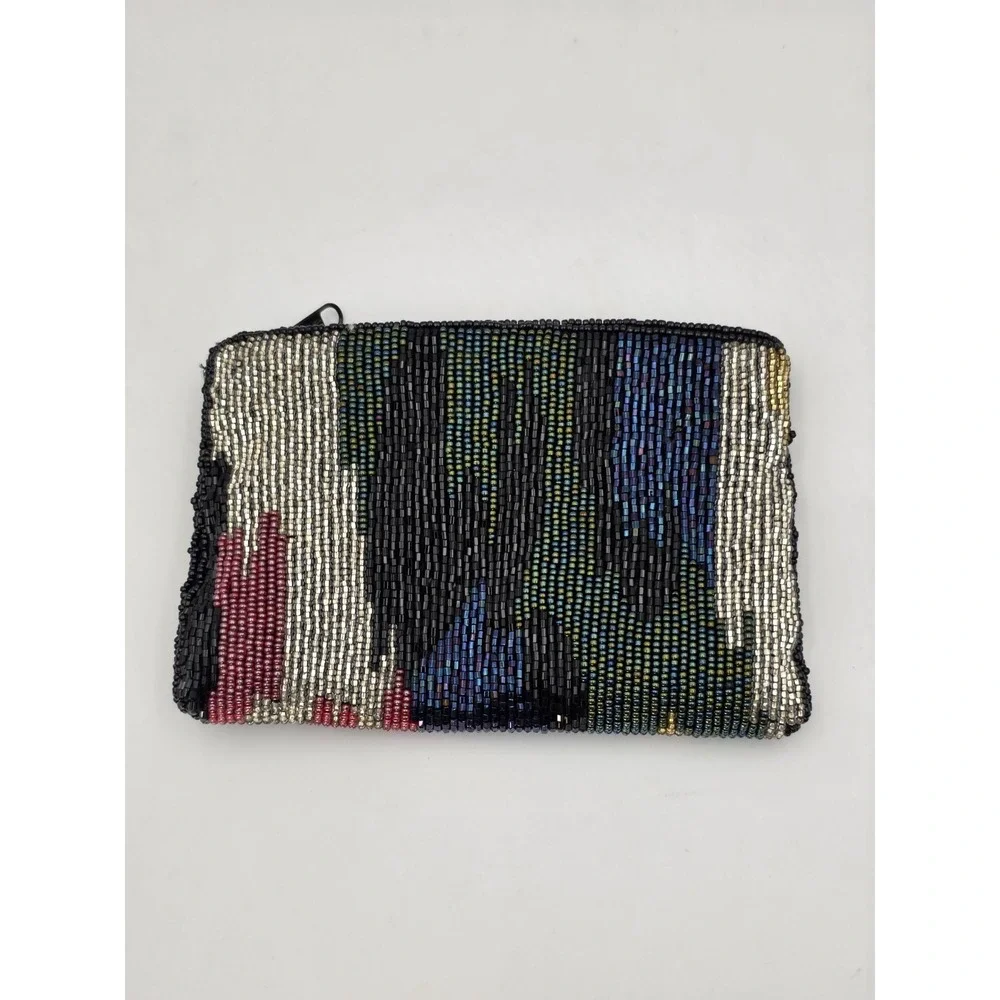 VTG Neiman‎ Marcus Beaded Coin Purse Clutch Abstract Zip Black Gold 6x4